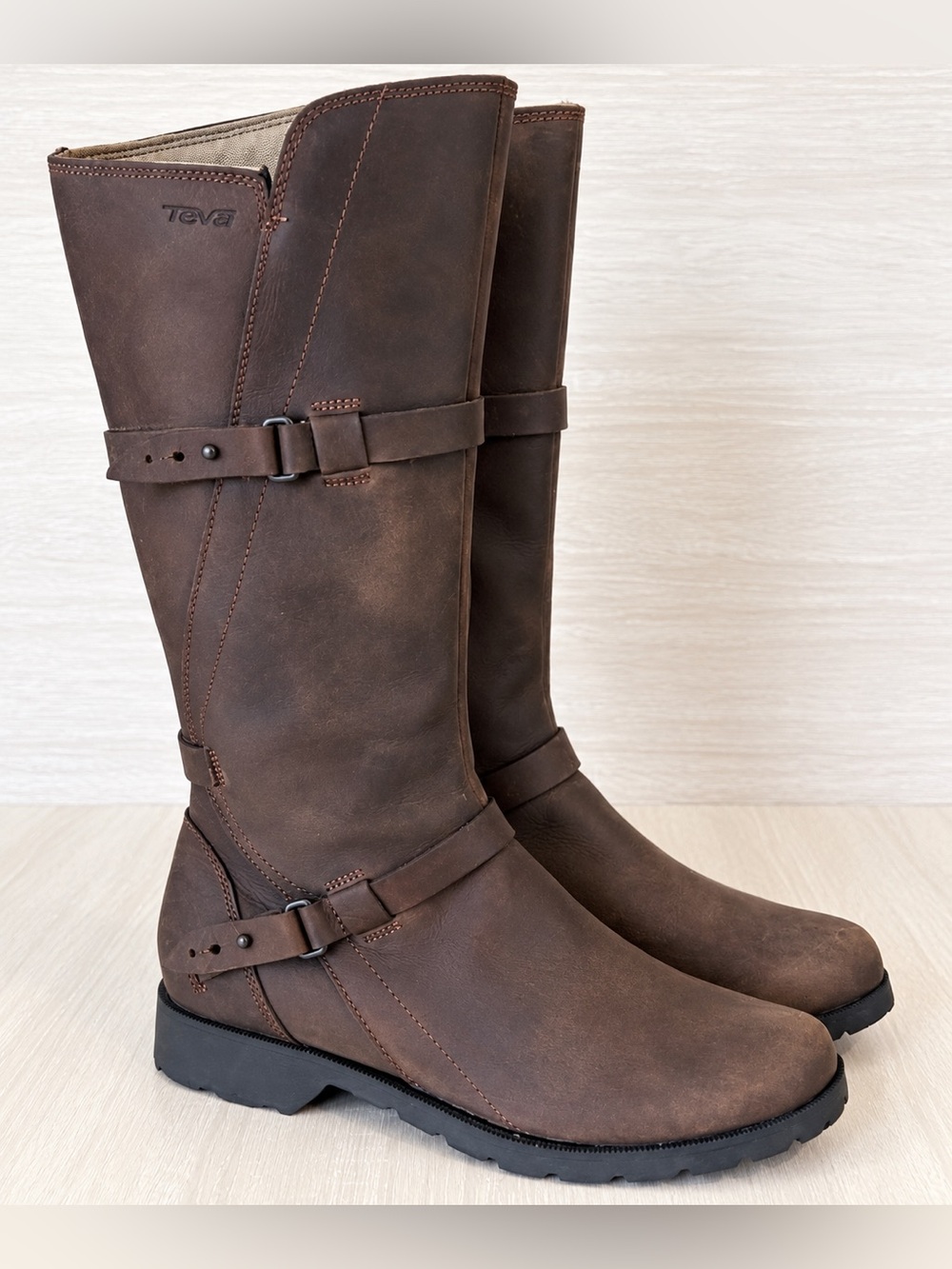 Teva Women’s US 7 Brown Waterproof Leather Tall Riding Boots Buckle Strap Zip
